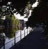 Promenadstråk utmed Arbogaåns norra sida. (Strandvägen är utanför bild, till höger). Biblioteket och Kapellbron skymtar i bakgrunden.