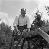 Byggnation inför Svenska Mästerskapen för polishundar. Sturevallen.
Man, med hammare, bygger ett hinder som hundarna ska ta sig över.
SM