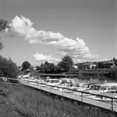 Båtklubbens brygga nedanför Bergmanparken. Småbåtar ligger sida vid sida i Arbogaån.
På andra sidan ån ses husen på Södra Ågatan.