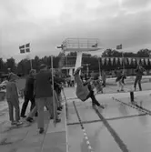 Styrelsen i Arboga Simklubb slänger kommunalrådet Nils Brodin i bassängen vid invigningen av Ekbacksbadet! Fotograferna är beredda med kamerorna.
I gruppen ingår Barbro Jansson, Gösta Karlsson, Hjalmar, Ragnar Hedin och Wernersson
Flaggan är hissad. Hopptornet ses i bakgrunden.