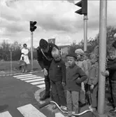 Trafiklekskola med polisman Leif Ekström, i uniform. Barnen får lära sig om trafikregler, trafikskyltar, övergångsställen och trafikljus. Några mammor är också med. I bakgrunden står en kvinna med en hund. Gäddgårdsskolan skymtar till höger. Platsen är i anslutning till Borgmästargatan.