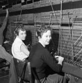 Två växeltelefonister i arbete. Trots branden, i Televerkets lokal på Nygatan, så fortsätter arbetet vid växelborden.
Läs om Telefonen i Arboga och branden på Televerket 1956 i Arboga Minnes årsbok 1993.