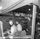 Det har brunnit på vinden ovanför Televerket på Nygatan. Trots skadorna efter branden, och pågående reparationer, fortsätter telefonisterna sitt arbete vid växelborden. I taket hänger presenningar för att skydda utrustningen mot det vatten som användes för att släcka branden. Telefonisterna har en telefonlur hängande intill sitt vänstra öra.
Läs om Telefonen i Arboga och branden på Televerket 1956 i Arboga Minnes årsbok 1993.