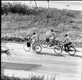 Västermovägen. Tre cyklister på väg uppför Brattbergsbacken.