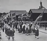 Folknykterhetens Dag firas. I täten går fanbärare Britt Kjellberg (duktig idrottare), iklädd folkdräkt. Bakom henne går fler unga kvinnor i folkdräkt. Blåsorkestern Broderskaps Musikkår spelar marschmusik.
Människor marscherar över Herrgårdsbron på väg till Gäddgårdsvallen. Flaggorna vajar i vinden. Några barn går vid sidan av paraden.
I bakgrunden ses Herrgårdsvägen, norr om ån. Till höger hamnmagasinen tillhörande Arboga Kvarn och Maltfabrik.
Bilden finns med i Reinhold Carlssons bok 