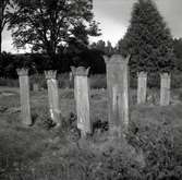 Kyrkogård med gravstenar.
