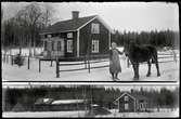 Kvinna håller häst framför hus