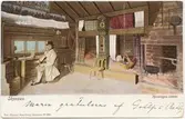 Vykort med motiv från Skansen. Morastugan, interiör.