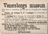 Vänersborgs museum. Annons ur Tidning för Wenersborgs stad och län. Fredagen den 13 mars 1891.