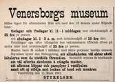 Vänersborgs museum. Annons ur Tidning för Wenersborgs stad och län. Fredagen den 13 mars 1891.