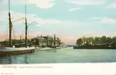 Brefkort med motiv från hamnen i Jönköping. Fatyget 