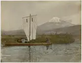 Ett kolorerat fotografi föreställandes ett landskap i Japan, troligen Mount Fuji.