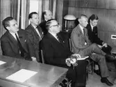 Kurslärare. fr.v. postmästare Andreas Relte, Byrådir. Elof Löfgren,
fbs Arne Eklund, byråchef Thure Nylund (närmast), överdir. Helge
Jäder och byråchef Stig Salomonsson.