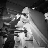 Man i arbete vid klipp nr 1 på pappersbruket Papyrus i Mölndal, 6/5 1955.