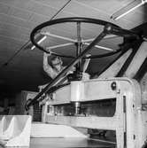 Man i arbete vid skärmaskin nr 11 på pappersbruket Papyrus i Mölndal, 6/5 1955.