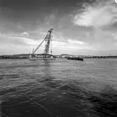 Transport av pappersbruket Papyrus PM2 yankeecylinder. Cylindern fraktas med flytande lyftkran i Göteborgs hamn, 2/6 1956.