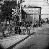 Transport av Papyrus PM2 yankeecylinder. Förberedelser för cylinderns ankomst vid järnvägsövergången vid Mölndal Bro, 2/6 1956.
