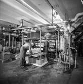 Män i arbete vid upptagningsmaskin på pappersbruket Papyrus i Mölndal, 18/12 1957.