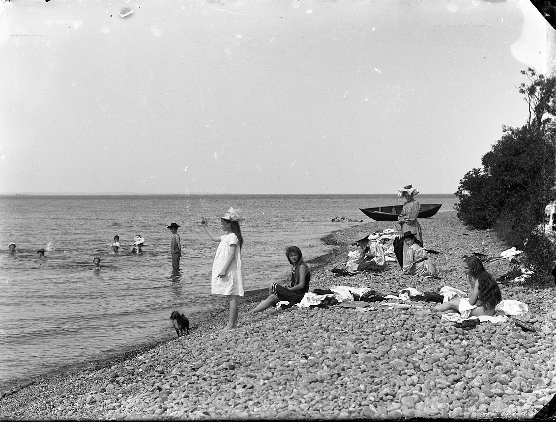Calla Helena Sundbeck, Bathing girls and women, probably Vättern. A dog runs on the edge of the beach and in the background lies an oak tree on the rocky shore.