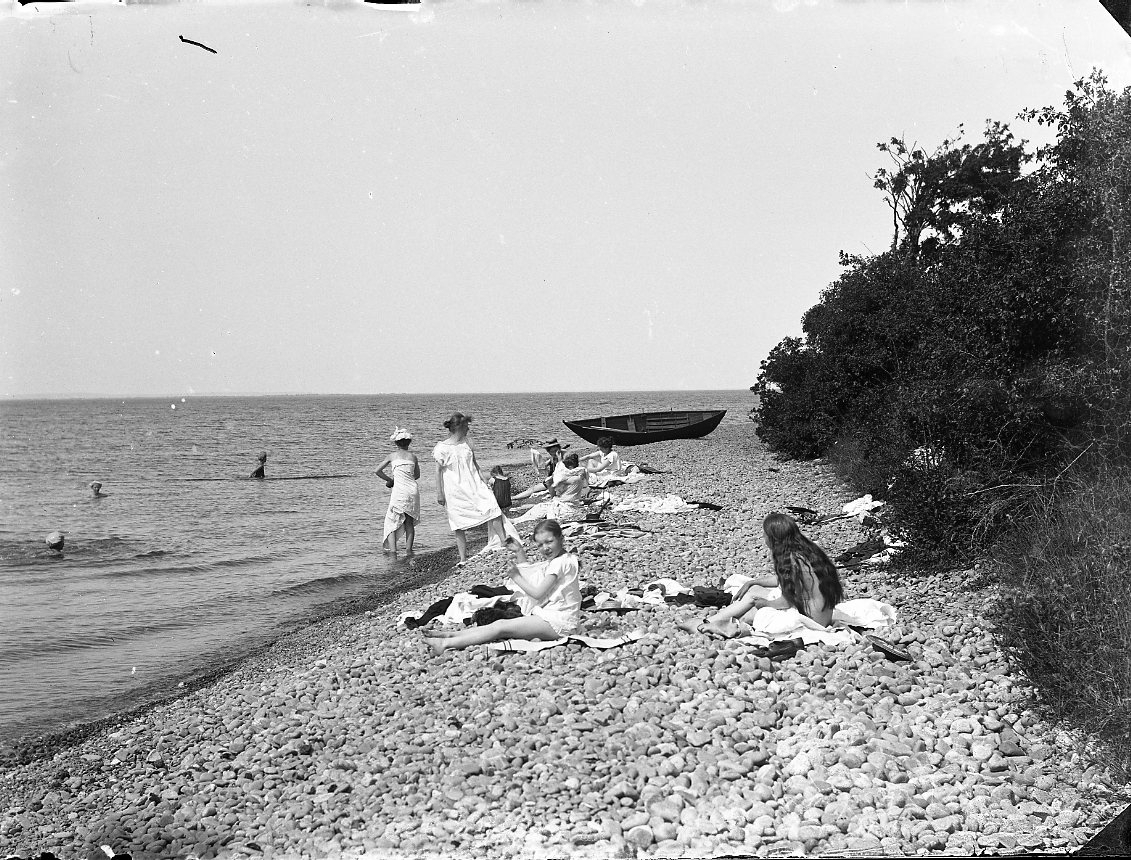 Calla Helena Sundbeck, Bathing girls and women, probably Vättern. A dog runs on the edge of the beach and in the background lies an oak tree on the rocky shore.