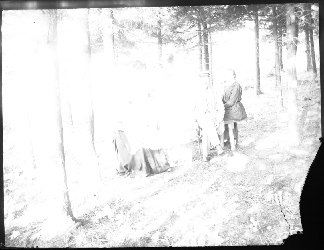 Anna Elisabet Karolina Rythén, Gruppbild med ett sällskap i en tallskog, sannolikt Alexis och Anna Maria Rythén som sitter på en bänk med sannolikt barnbarnen Karin, Stina och Anna-Lisa som serverar kaffe.