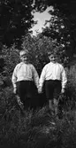 Bröderna Einar och Vidar Klasson står i högt gräs vid en buske och håller varandra i händerna. Med andra handen håller de varsin kvist.