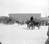 Stockholms slott med hästdroskor och en bil.
