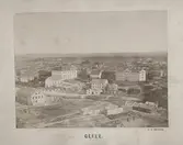 Vy från kyrktornet i Heliga trefaldighets kyrka. 1870-tal. Gävle fängelse och Gävle slott.