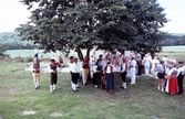 Folkdräktsklädda män, kvinnor och hantverkare lyssnar till musik av Hällesåkers spelmanslag en hembygdsdag på Långåker 1:3 cirka 1980.