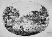 Fotografi av etsning av Carl Christoffer Gjörwell d. y. utförd 1787. Motivet är Svindersvik med delar av trädgård och park och vattnet i bakgrunden. Kvinnor och män samt en hund i förgrunden.