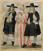 Målning, akvarell. Två män och en kvinna i 1600-talskläder.