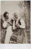 Ett foto på två kvinnor klädda i folkdräkt från Skåne eller Småland.
