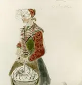 Måleri, akvarellmålningar. Kvinna i folkdräkt. Kulla från Ål sn, Dalarna. 