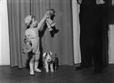 Reklambild. Litet barn i stickade kläder, med leksaker. Vuxen mans ben syns vid sidan om barnet . Nordiska Kompaniet.