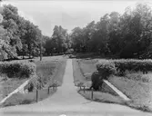 Åkeshof. Utsikt över trädgården från manbyggnadens trappa. I parken en majstång, i trädgårdslandet skymtar en fågelskrämma. Bromma socken, Sollentuna härad, Uppland. 