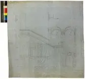 Ritning på väv över Nordiska museets huvudbyggnad. Underlag till No 105. Vestibulen.Trappa mellan tredje viloplanet och första galleriet sedd mot vestibulen. Sektion. Vestibulen, stora trappan. 72,5x71 cm. Blyerts. Linjalritning. Osignerad.





