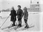 Tre barn på skidor