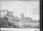 Kopparstick över Uppsala slott och Uppsala domkyrka av J. F. Martin, Uppsala före 1745