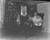 Familjebild av Birger Schoberg Vanered med hustru Anna och barnen Arvid och Berta i finrummet bredvid en julgran.