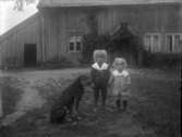 Finklädda barn på en gårdsplan med familjens hund.