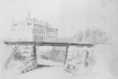 Avfotografering av teckning gjord av Lotten Rönqvist (dotter till en lasarettsläkare i Uddevalla). Föreställande järnvägsbron vid fängelset, Uddevalla.