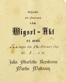 Text på kortet: Inbjudes att öfvervara vår Wigsel-Akt på Berg. Fredagen den 12 februari 1897 Kl. 1 e.m. Julia Charlotta Berntsson. Martin Mattsson.