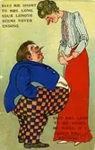 Notering på kortet: Says mr. Short to mrs. Long your length seems never ending. Says mrs. Long to mr. Short my word, if eatch you bending.