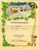 Notering på kortet: Nyårstelegram från Flatön den 1 januari 1927 klockan 12,01 fm. Gott Nytt År tillönskas av H.F. Edman.
