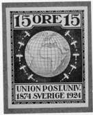 Förslagsritningar till Världspostföreningens och 
Världspostkongressens frimärken, utgivna 4/7 respektive 16/8 1924. Världspostföreningens 50-årsjubileum. Valör 15 öre.