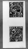 Ej realiserade förslag till frimärken Postsparbankens
50-årsjubileum, utgivet 6/12 1934. Konstnär: Olle Hjortzberg.
Valör 5 öre.