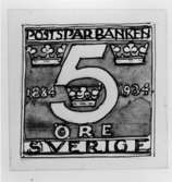 Ej realiserade förslag till frimärken Postsparbankens 50-årsjubileum, utgivet 6/12 1934. Konstnär: Olle Hjortzberg.
Valör 5 öre.