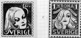 Tävlingsförslag till nya frimärken (svenska). Tävling arrangerad av Svenska Dagbladet 1934. Två förslag med Greta Garbo, Valörer 5 öre, resp. 1 krona.