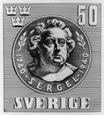 Frimärksförlaga till frimärket Johan Tobias Sergel, utgivet 5/9 1940. Förslagsteckningar av Torsten Schonberg. 
Valör 50 öre.