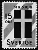 Ej realiserade förslag till frimärke Svenska flaggans dag, utgivet 6/6 1955. Två stycken olika frimärken utgivna till 50-årsminnet av den nya ljusare flaggan som ej har unionsmärke. Konstnär: Tage Hedström. Valör 15 öre.